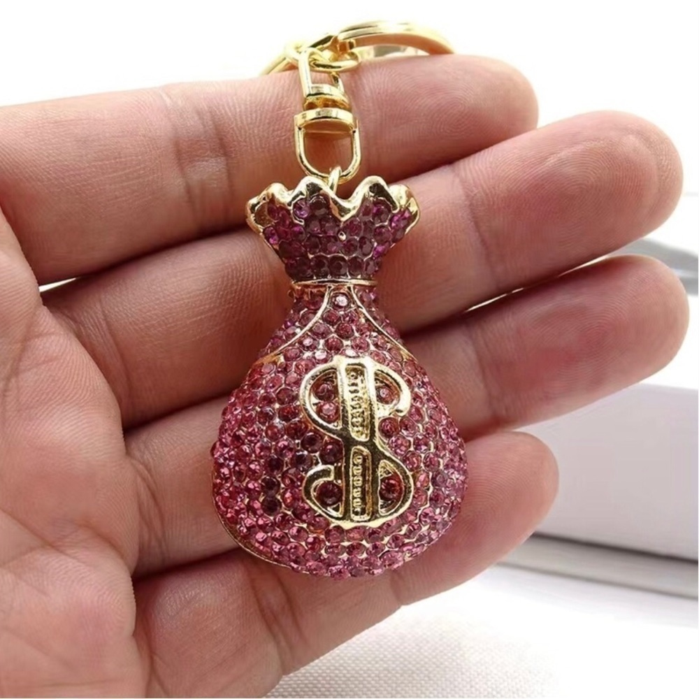 Pink Rhinestone + Gold Money Bag Bling Keychain, Purse Charm